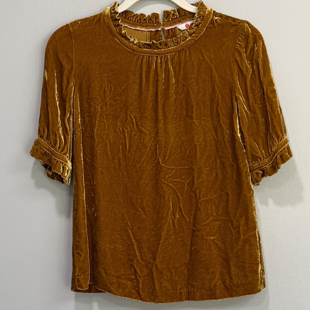 Boden Ochre Gold Silk Blend Velvet Ruffle Neck Short Sleeve Blouse fall